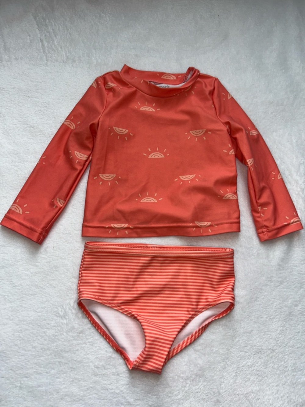 Girls' Coral Long-Sleeve Rash Guard Swim Set with Striped Bottoms - 18 Months